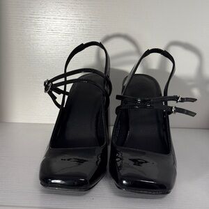 Urban Outfitters Black Patent Square-Toe Slingback Heels